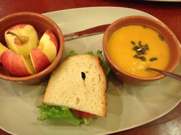 panera chicken salad sandwich and autumn squash soup